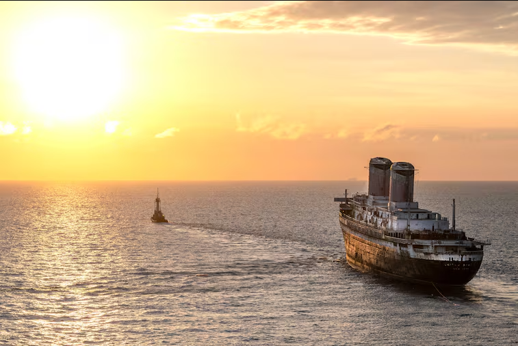 Vinik No. 6 and SS United States sailing into the sunset headed offshore